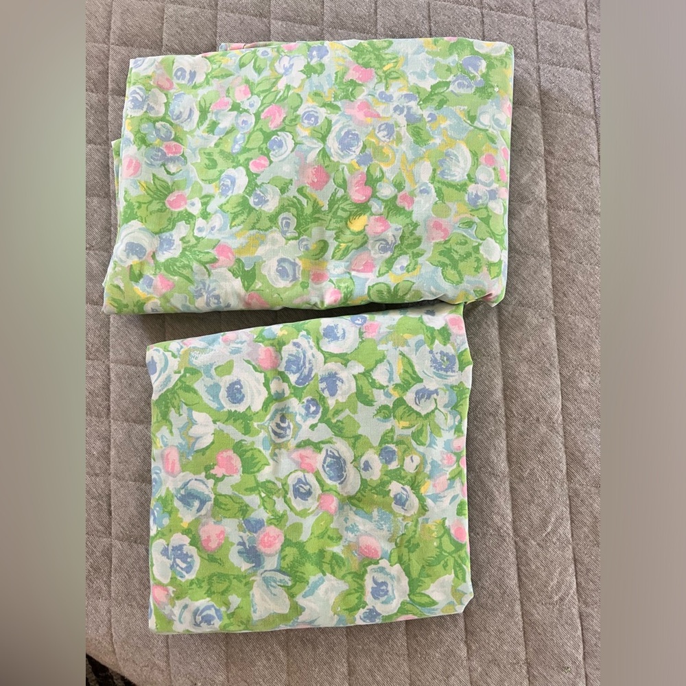 VINTAGE 60s Fieldcrest Ideal Green & Blue Floral Twin No Iron Flat&Fitted Sheets